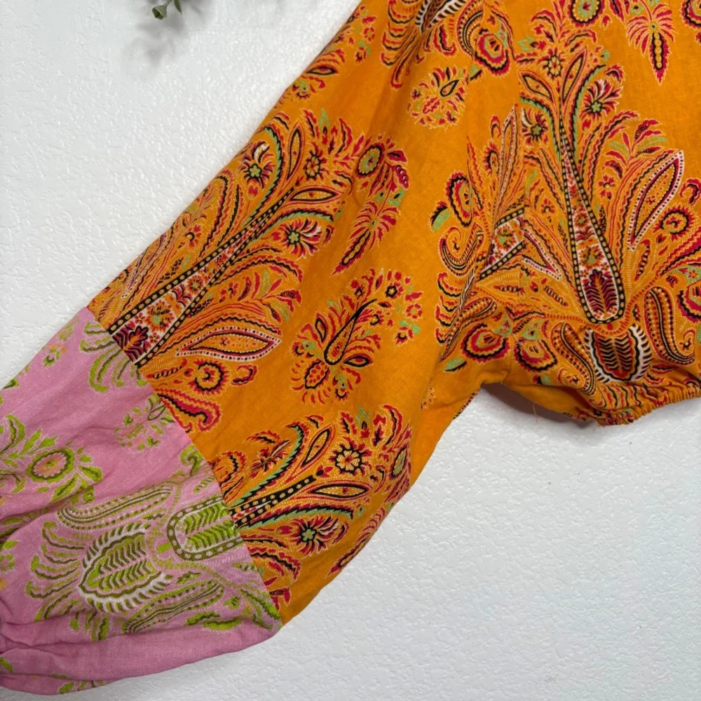 BOTEH Calla Crop Top Ochre Orange Paisley Linen Cotton Balloon Sleeve Size 1 - Picture 6 of 10